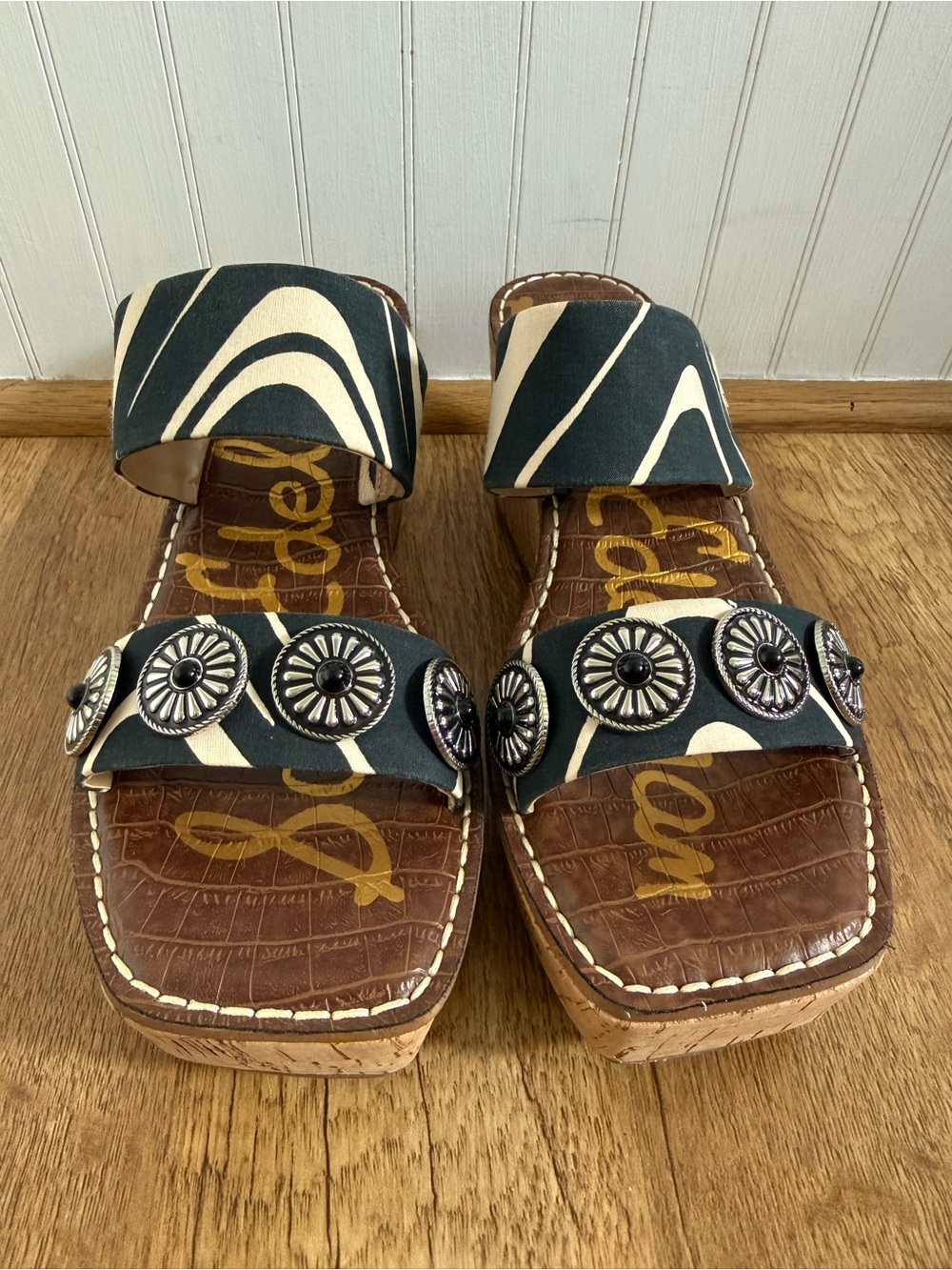 Sam Edelman Abril Platform Wedge Sandals - Zebra Print/Concho - Size 7